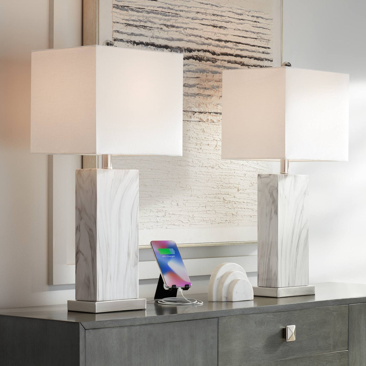 360 Lighting Connie Modern Table Lamps 25" High Set of 2 White Faux Marble with USB Charging Ports - Product image 1