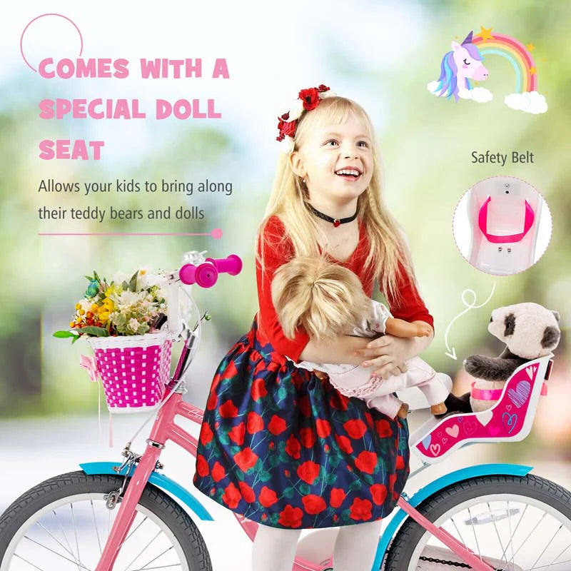 14"/18" Kids Bicycle with Removable Training Wheels, Coaster Brake, Handbrake, Basket & Doll Chair - Product image 9