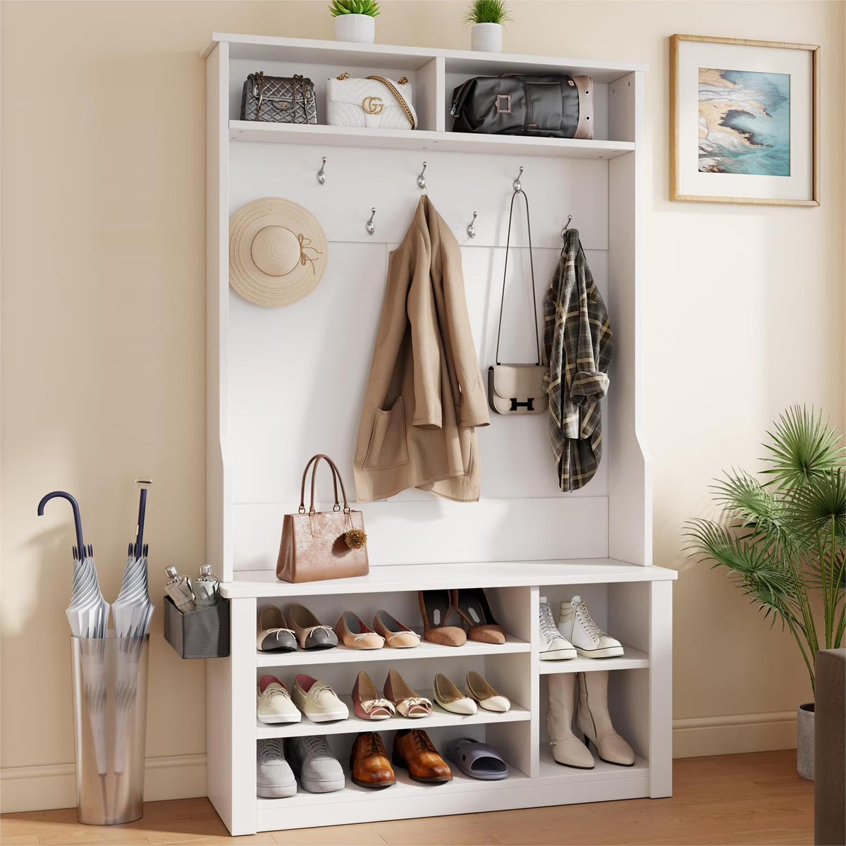 Lofka 5 - in - 1 Hall Tree with Bench and Shoe Storage, Entryway Hall Tree with Coat Rack - Product image 1