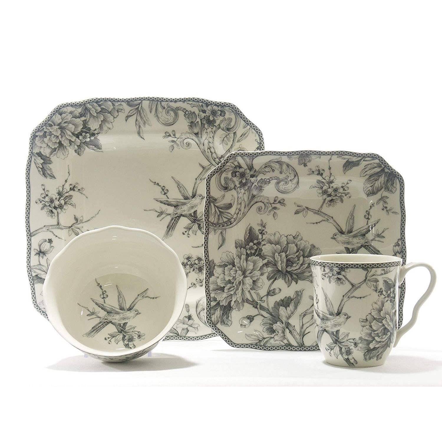 222 Fifth Adelaide Grey 16 Piece Dinnerware Set Square Service for