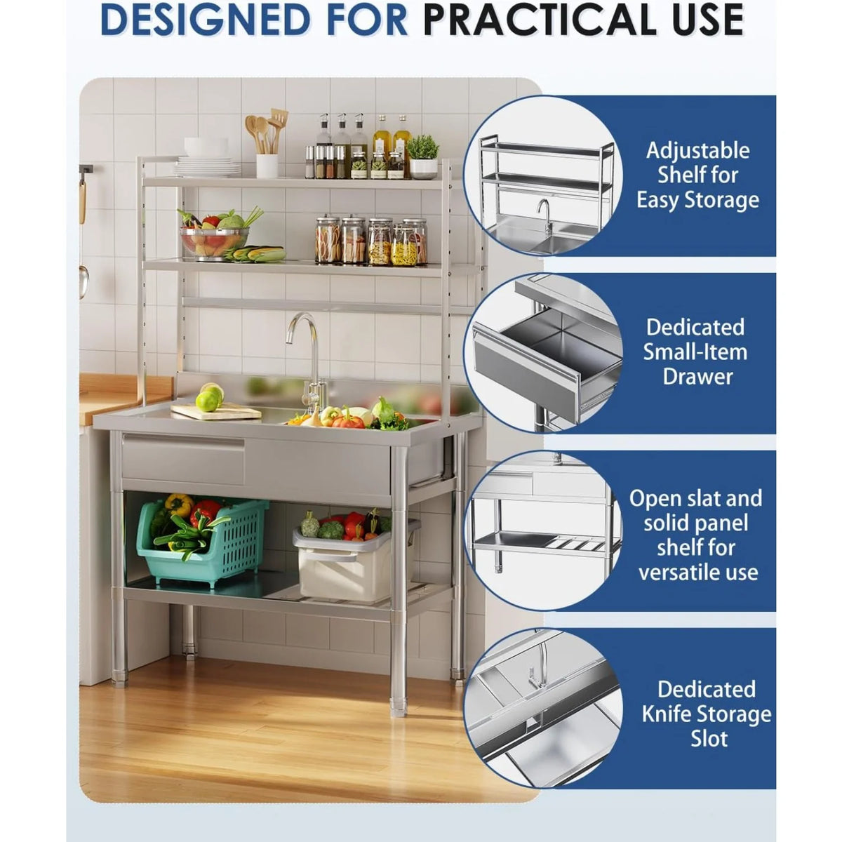 AECOJOY Stainless Steel Utility Sink with Shelves, Free Standing Single Bowl Commercial Kitchen Sinks - Product image 5
